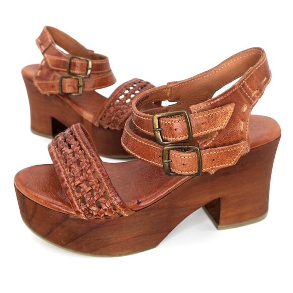 Bed Stu Kenya Cognac Leather Heeled Wooded Chunky Platform Sandals Women's 7.5 - Picture 3 of 8